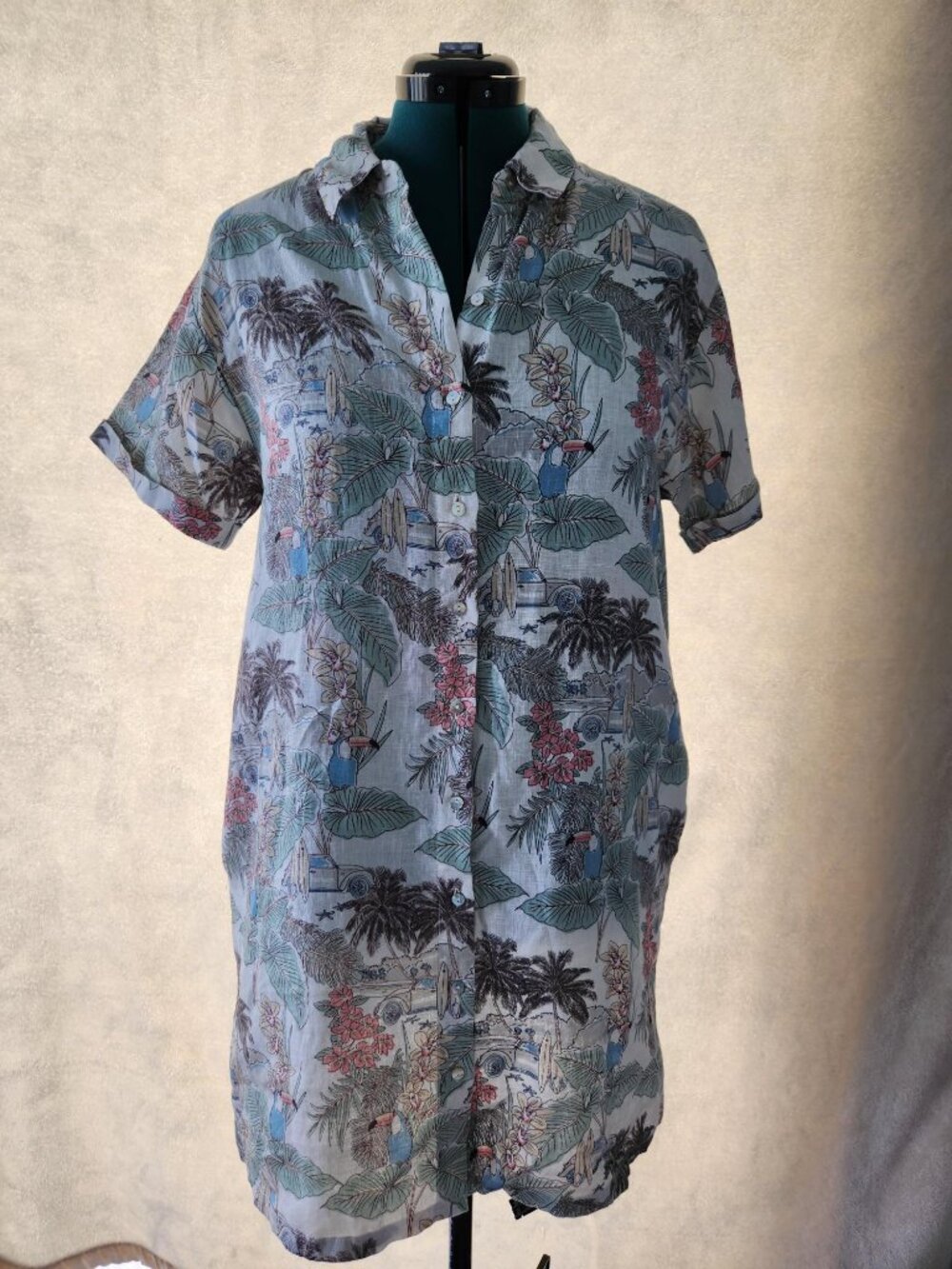 Rachel Zoe Womens Linen Tropical Print Shirt Dress Short Sleeve Pockets Size L